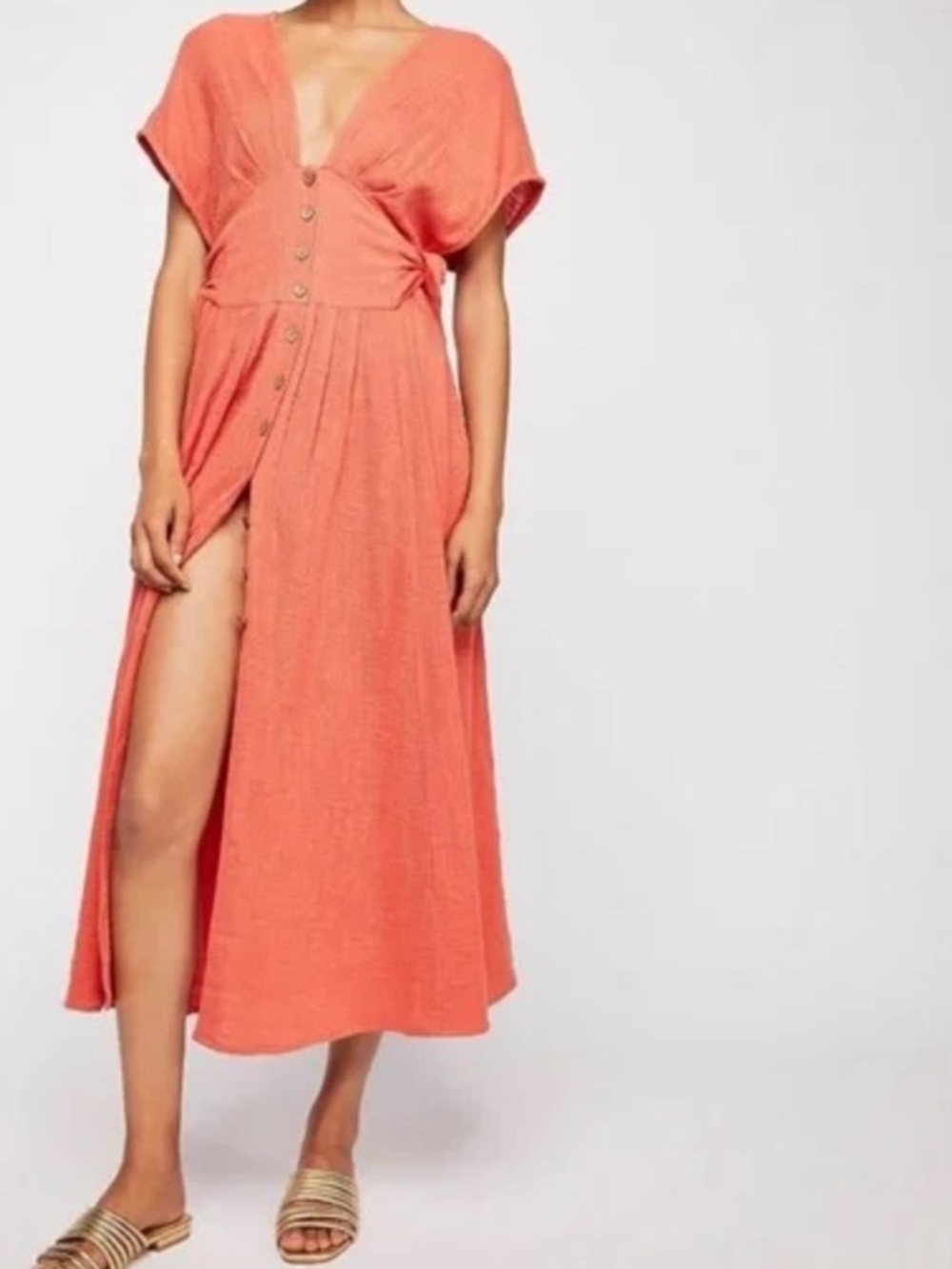 FREE PEOPLE Gauze Cotton Coral Button-Down Maxi Dress w Side Ties